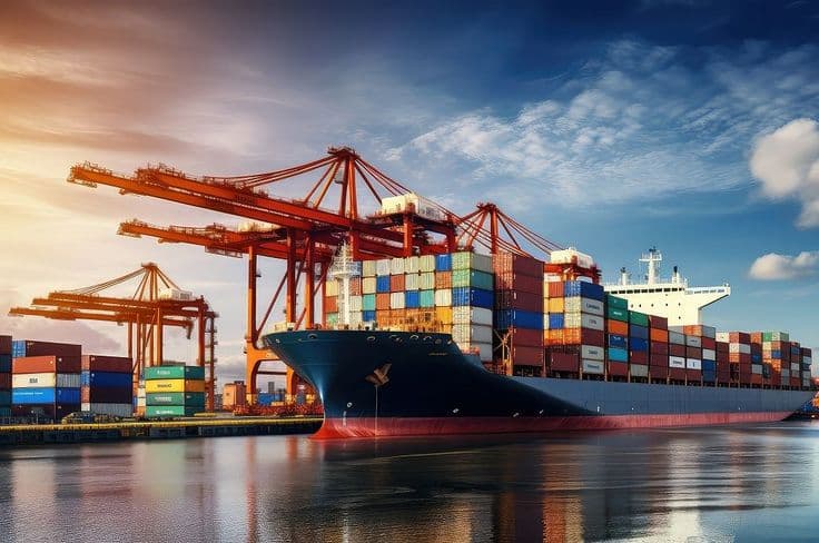 Container ship loaded with export agro cargo at maritime port